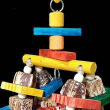 Load image into Gallery viewer, Bird toy with mahogany pod chunks, brightly colored notched pine busy beaver slices and small wood snap beads flowing under a wood dowel base on jute cord. Hangs on a short length of nickel plated chain with more wood pieces. Designed for intermediate to medium sized birds who like softer textures.
