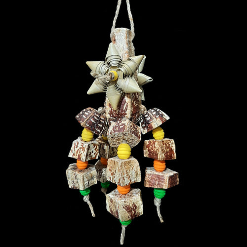 A large mahogany pod with cascading legs of mahogany pod chunks and brightly colored wood beads strung on jute cord. Two crunchy palm leaf bows add another texture for shredding delight! Designed for birds that prefer soft, crunchy textures. 
Measures approx 5