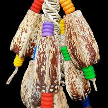 Load image into Gallery viewer, Easy to chew natural mahogany pods and colored wood beads threaded on a vine twist roller base. Stringing material is jute cord. This toy contains no metal parts. Designed for intermediate sized birds as well as medium birds who are light chewers.  Measures approx 4&quot; by 12&quot; including clip.
