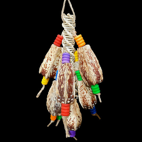 Easy to chew natural mahogany pods and colored wood beads threaded on a vine twist roller base. Stringing material is jute cord. This toy contains no metal parts. Designed for intermediate sized birds as well as medium birds who are light chewers.  Measures approx 4