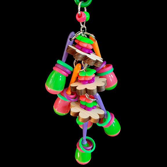 Your bird is sure to have a fiesta with this colorful toy! Mini maracas, pine daisies, lots of rubber rings and neon flower rings strung on nickel plated chain for your bird to shake & rattle! For small beaks only (budgies, linnies, parrotlets, etc).