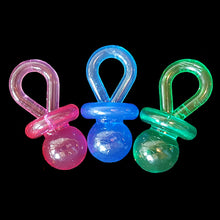 Load image into Gallery viewer, Brightly colored translucent acrylic pacifiers measuring 22mm x 45mm (approx 7/8&quot; by 1-3/4&quot;) in size.
