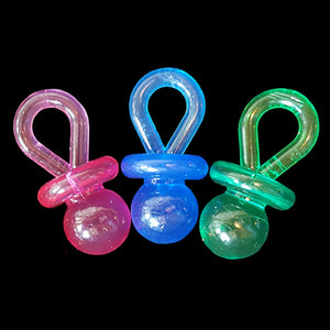 Brightly colored translucent acrylic pacifiers measuring 22mm x 45mm (approx 7/8" by 1-3/4") in size.