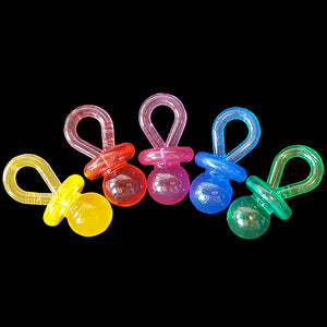 Brightly colored translucent acrylic pacifiers measuring 22mm x 45mm (approx 7/8" by 1-3/4") in size.