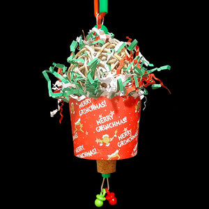 A fun and festive foraging cup toy that can be used to hide your bird's favorite treats! Built on stainless steel wire with a large vine ball, paper cup, cork stopper, pacifiers, beads and lots of crinkly paper shred. Designed for small birds.  Measures approx 3" by 8" including link.