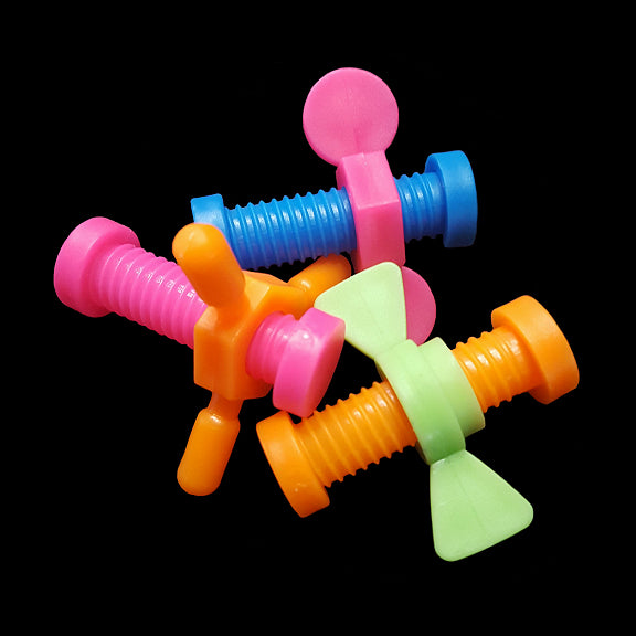 Miniature plastic nut & bolt sets measuring approx 1-3/4