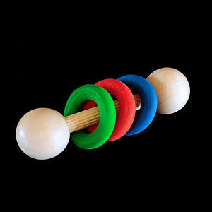 A mini rattle made with hardwood balls & brightly colored wood rings joined together on a wood dowel. Designed for small & intermediate birds.  Measures approx 2-3/4" long.