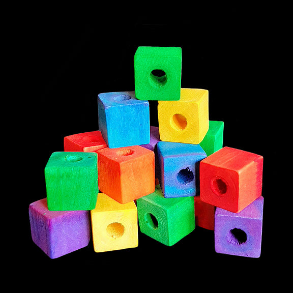 Small, brightly colored wood cubes measuring approx 5/8