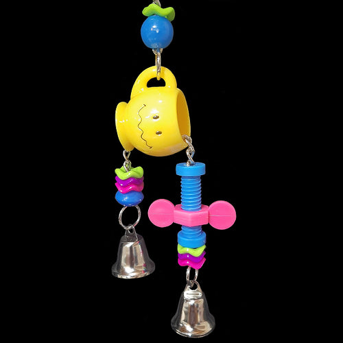 A super cute toy made with a mini acrylic mug, nickel plated bells, wiggle rings, beads and a mini nut-n-bolt set. The chain can be tugged back and forth for interactive play. For foraging fun, stuff a few nuts or pellets inside the mug.
*Available in assorted color combinations (yellow, red, green or blue mug).