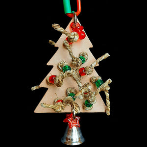 Pony beads knotted with crunchy seagrass cord on both sides of a veggie tanned leather Christmas tree trimmed with pacifiers, charms and a nickel plated bell. Comes in assorted color combinations. Designed for small to intermediate sized birds.  Measures approx 3-1/2" by 7" including link.