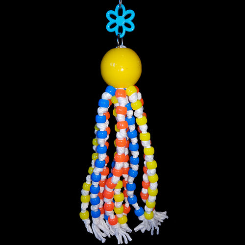 One hundred pony beads knotted on cotton strands under a large marbella bead. A great toy for birds that are afraid of toys or need to be encouraged to play. We've been making this toy since the early '90s!