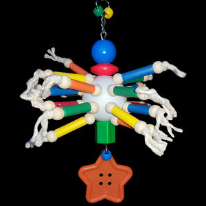Plastic straw beads & little wooden snap beads on cotton cord attached to a perforated golf ball. Hangs on nickel plated chain with an assortment of beads & a big chewy button.