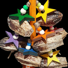 Load image into Gallery viewer, A dozen mahogany pods with brightly colored pine wood stars and small beads strung on jute cord from a pine dowel toy base.
