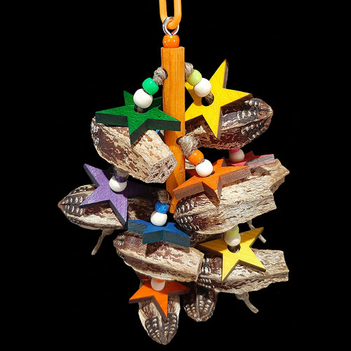 A dozen mahogany pods with brightly colored pine wood stars and small beads strung on jute cord from a pine dowel toy base.