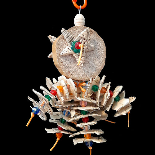 Lots of crunchy palm leaf shredders and bright beads threaded on plastic lacing cord under a soft and fibrous yucca slice with vine stars on both sides. Designed for small birds who love softer textures.  Hangs approx 8