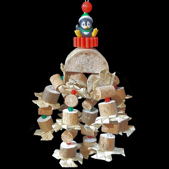 Your bird will have a party with this fun multi textured toy! A rubber penguin in a nubby gear sits on top of a yucca base with strands of hemp cord filled with sola, cork, palm leaf shredders and little crystal beads. The base of this toy is stainless steel wire. Designed for small birds or intermediate birds that aren't big chewers and prefer softer textures.