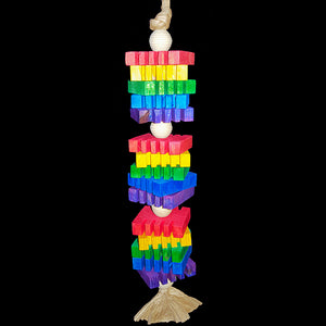 Brightly colored 3/8" thick notched pine slices and wood beads strung on a double strand of paper twist rope. This toy contains no metal parts.