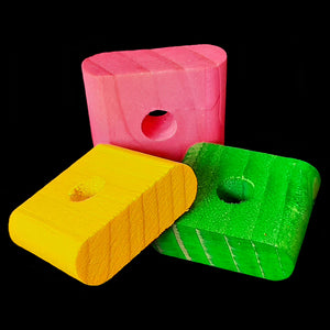 Brightly colored, rounded edge pine blocks measuring 1-1/2" by 1-1/2" by 1/2" thick with a 3/8" hole. An excellent choice for small and mid-size birds that aren't big chewers. Also great for rabbit toys.