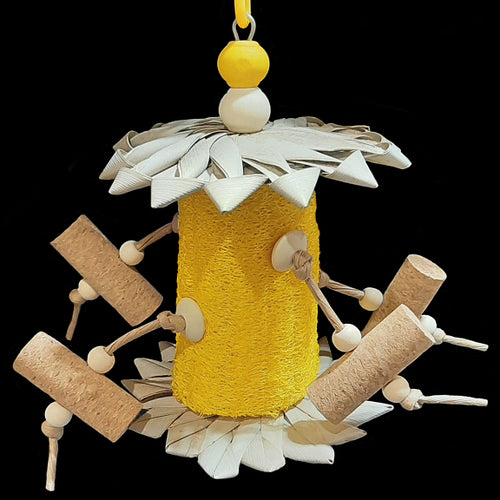 Cork stoppers and wood beads attached with paper rope to a brightly colored loofah base with crunchy palm leaf flowers on the top and bottom. Strung on stainless steel wire with lots of interesting and fun textures to pick, rip, chew and shred! Designed for small to medium sized birds who like softer materials.  Measures approx 5