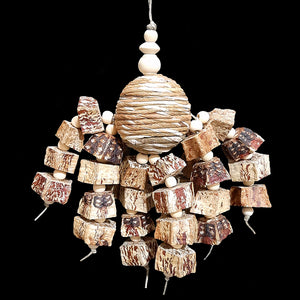 Eight strands of hemp cord filled with mahogany chunks and little wood snap beads dangling from a sola rope ball center. Designed for small to intermediate sized birds.