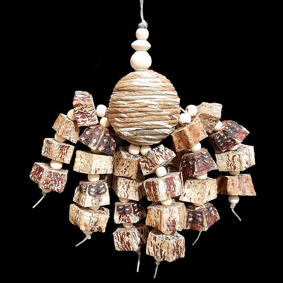 Eight strands of hemp cord filled with mahogany chunks and little wood snap beads dangling from a sola rope ball center. Designed for small to intermediate sized birds.