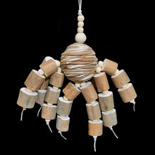 Load image into Gallery viewer, Bird toy made with chunks of super soft, natural sola wood sticks with bark and little wood snap beads dangling from a sola rope ball center. Designed for small to intermediate sized birds.
