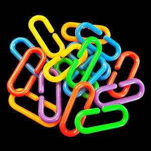 Brightly colored plastic links approx 1-1/2" x 5/8" in size. Use to make foot toys or as a link to hang toys for small to medium sized birds and sugar gliders.  Package contains 50 links in assorted colors.
