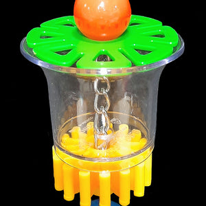 A clear acrylic cup with acrylic beads and a spinning gear hanging on nickel plated chain. Foraging stimulates natural behavior by making your bird work for its food! Be creative and hide your bird's favorite treats in shredded paper and stuff them into this cup. Designed for small to intermediate sized birds. Comes in assorted colors.  Measures approx 2-1/2" by 8" including link (cup measures 2" by 2-1/2" at the top).
