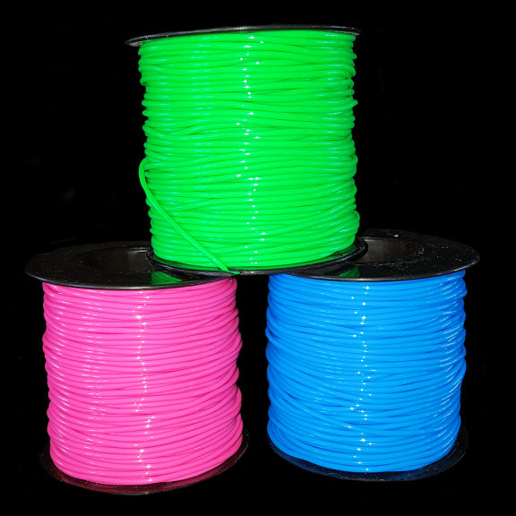 Non-toxic, 2mm PVC plastic hollow lacing cord in neon colors. Recommended for use in small bird toys only.  Spool contains 50 yards (150ft).