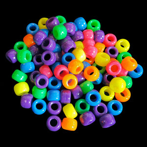 Neon colored pony beads measuring approx 1/4" with a 9/64" hole. Works well with paulie rope, leather lace or thin cords.