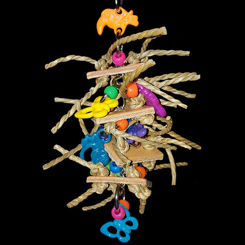 Four layers of veggie tanned leather squares knotted with lots of crunchy seagrass cord, charms & pony beads strung on nickel plated chain. One of our top selling small bird toys!