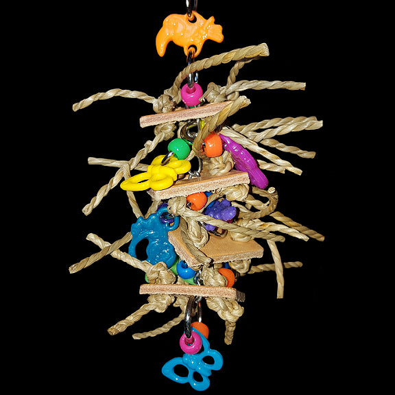 Four layers of veggie tanned leather squares knotted with lots of crunchy seagrass cord, charms & pony beads strung on nickel plated chain. One of our top selling small bird toys!