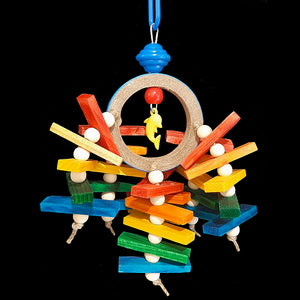 Lots of mini softwood slats and small wood snap beads strung on jute cord around a cardboard birdie bagel. Hangs on stainless steel wire with acrylic beads and a charm. A great choice for birds that love chewing on small, soft wood pieces!  Measures approx 5" by 9" including link.