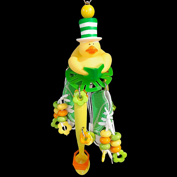 A rubber duck sitting atop a spinning wheel with canvas parrot sneakers, plastic spoons and lots of dangling beads and rings. Available in assorted color combinations.