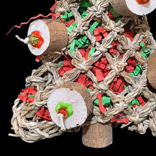 Load image into Gallery viewer, Everybirdy needs their own Christmas tree and this one is sure to be a hit! Made with seagrass stuffed with crinkle paper and adorned with sola coins (similar to balsa), assorted beads and topped off with a vine star. Designed for small to intermediate sized birds. Attaches to the side of your bird&#39;s cage with two zip ties.
