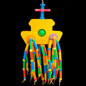 A whimsical wooden boat hand cut from thick 3/4" pine with brightly colored plastic straw beads and pony beads threaded on jute cord. Hangs from nickel plated chain with a mini nut 'n' bolt set.