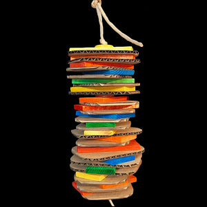 Lots of 3" by 4" cardboard slices with brightly colored softwood pine slats strung on paper twist rope. A perfect combination of paper shredding & wood chipping fun! Contains no metal parts.