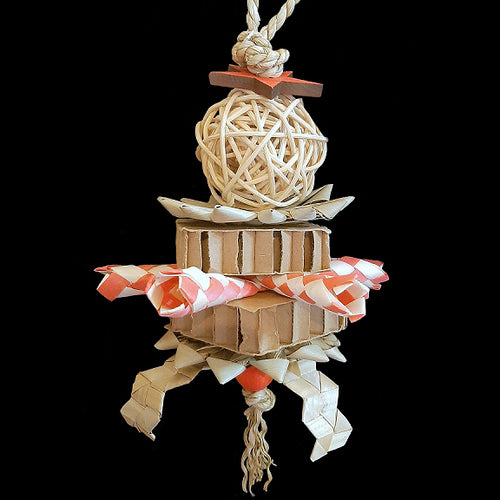 A great toy with a variety of softer parts to chew and shred! Made with cardboard honeycomb blocks, palm leaf flowers, bamboo shredders, a vine ball and softwood pieces on strung on sisal cord. Contains no metal parts. Also great for rabbits!