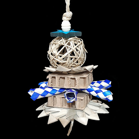A great toy with a variety of softer parts to chew and shred! Made with cardboard honeycomb blocks, palm leaf flowers, bamboo shredders, a vine ball, pine star and wood beads strung on sisal rope. Contains no metal parts. Designed for small to intermediate sized birds as well as rabbits!  Measures approx 5