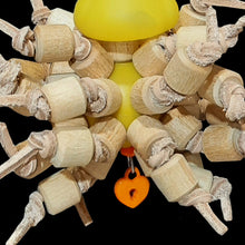 Load image into Gallery viewer, Pet bird toy made with a rubber duck on top of a plastic golf ball filled with natural birch wood beads knotted on veggie tanned leather lace. A favorite toy for birds who love snapping beads and chewing leather and small wood pieces!
