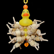 Load image into Gallery viewer, Bird toy with a rubber duck sitting atop a plastic golf ball filled with natural birch wood beads knotted on veggie tanned leather lace. A favorite toy for birds who love snapping beads and chewing leather and small wood pieces!
