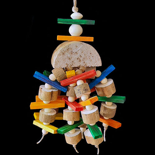Lots of brightly colored mini pine slats, super soft sola and little wood snap beads hanging under a yucca base. Designed for birds who love soft wood and shredding. An instant hit with my budgies!