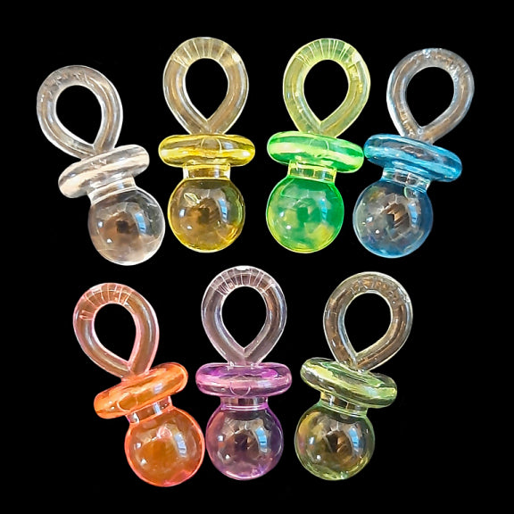 Small crystal colored acrylic pacifiers measuring 13mm x 27mm (approx 1/2