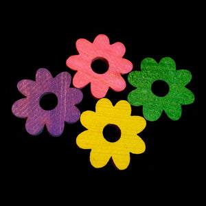 Brightly colored soft wood pine flowers measuring 1" by 1/4" thick with a 1/4" center hole.
