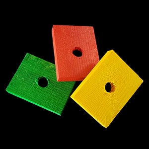 Brightly colored soft wood slats measuring 1-1/2" by 2" by 5/16" thick with a 1/4" hole. An excellent choice for mid-size birds that aren't big chewers. Also great for bunny and chinchilla toys.