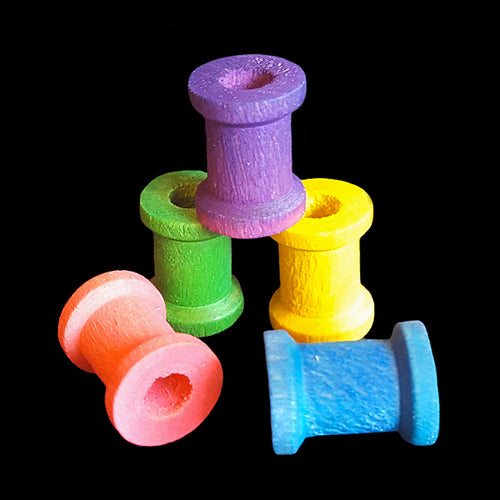 Small brightly colored wood spools measuring 1/2