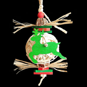 Who doesn't love a snowball fight! A large bamboo "snowball" trimmed with mini softwood slats, mahogany chunks, raffia and wooden Christmas cutouts. Strung on sisal rope. Designed for small to intermediate sized birds as well as rabbits.  Measures approx 3-1/2" by 12" including link.