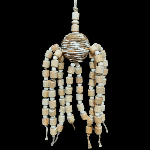 Lots of natural wood beads in different sizes to chew and snap! The base is a sola rope ball and is strung with jute cord. Designed for intermediate to medium sized birds such as caiques, senegals and quakers up to small cockatoos and african greys.