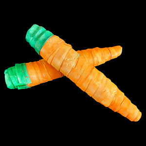 Light weight, very soft and shreddable, sola carrots make fun foot toys for intermediate and medium sized birds or a great cage top toy for smaller beaks! Also great for small animals such as rabbits, guinea pigs, etc.  Carrots measure approx 6" - 7" and are made of palm leaf wrapped around a sola wood stick.  Price is per toy.
