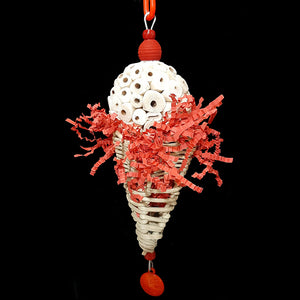 A cone made just for birds! A super soft sola atta ball nestled inside a vine cone stuffed with crinkle cut paper shred. Built on stainless steel wire with wood beads and a charm dangle. Designed for small and intermediate birds. Available in assorted colors.  Measures approx 3" x 9" including link.